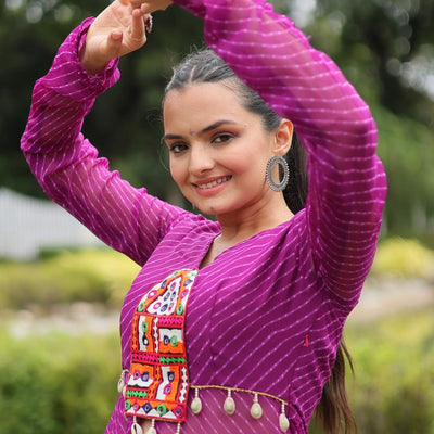 Purple Faux Georgette Leheriya Print Kurti with Kutchi Patchwork