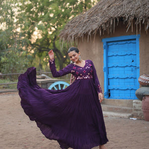 Purple Rayon Gown with Real Mirror Work
