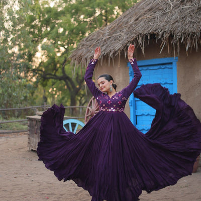 Purple Rayon Gown with Real Mirror Work