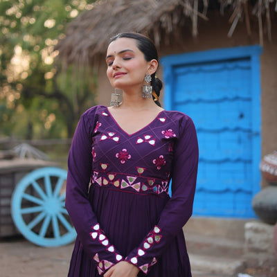 Purple Rayon Gown with Real Mirror Work