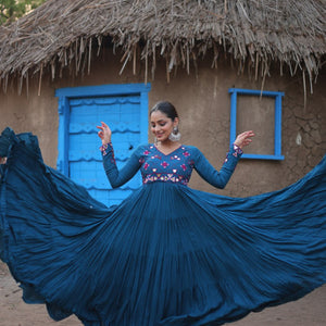 Teal Blue Rayon Gown with Real Mirror Work