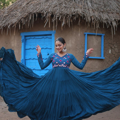 Teal Blue Rayon Gown with Real Mirror Work