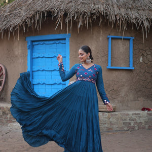 Teal Blue Rayon Gown with Real Mirror Work