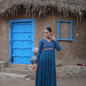 Teal Blue Rayon Gown with Real Mirror Work