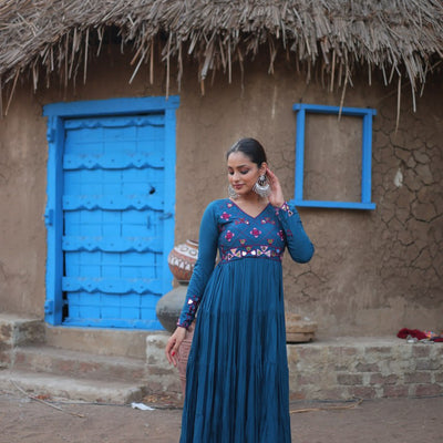 Teal Blue Rayon Gown with Real Mirror Work