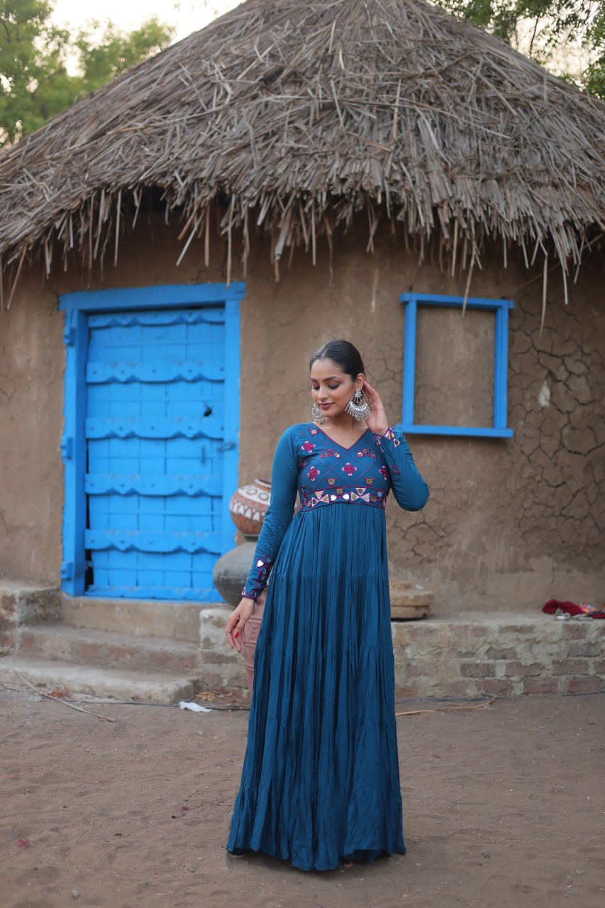 Teal Blue Rayon Gown with Real Mirror Work