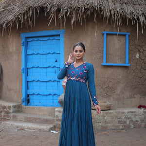 Teal Blue Rayon Gown with Real Mirror Work