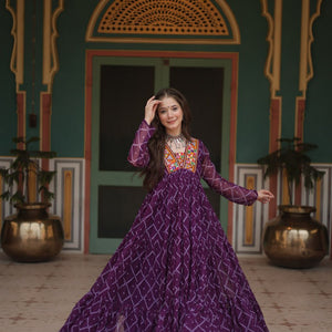 Purple Bandhani Print Faux Georgette Gown with Kutchi Patchwork