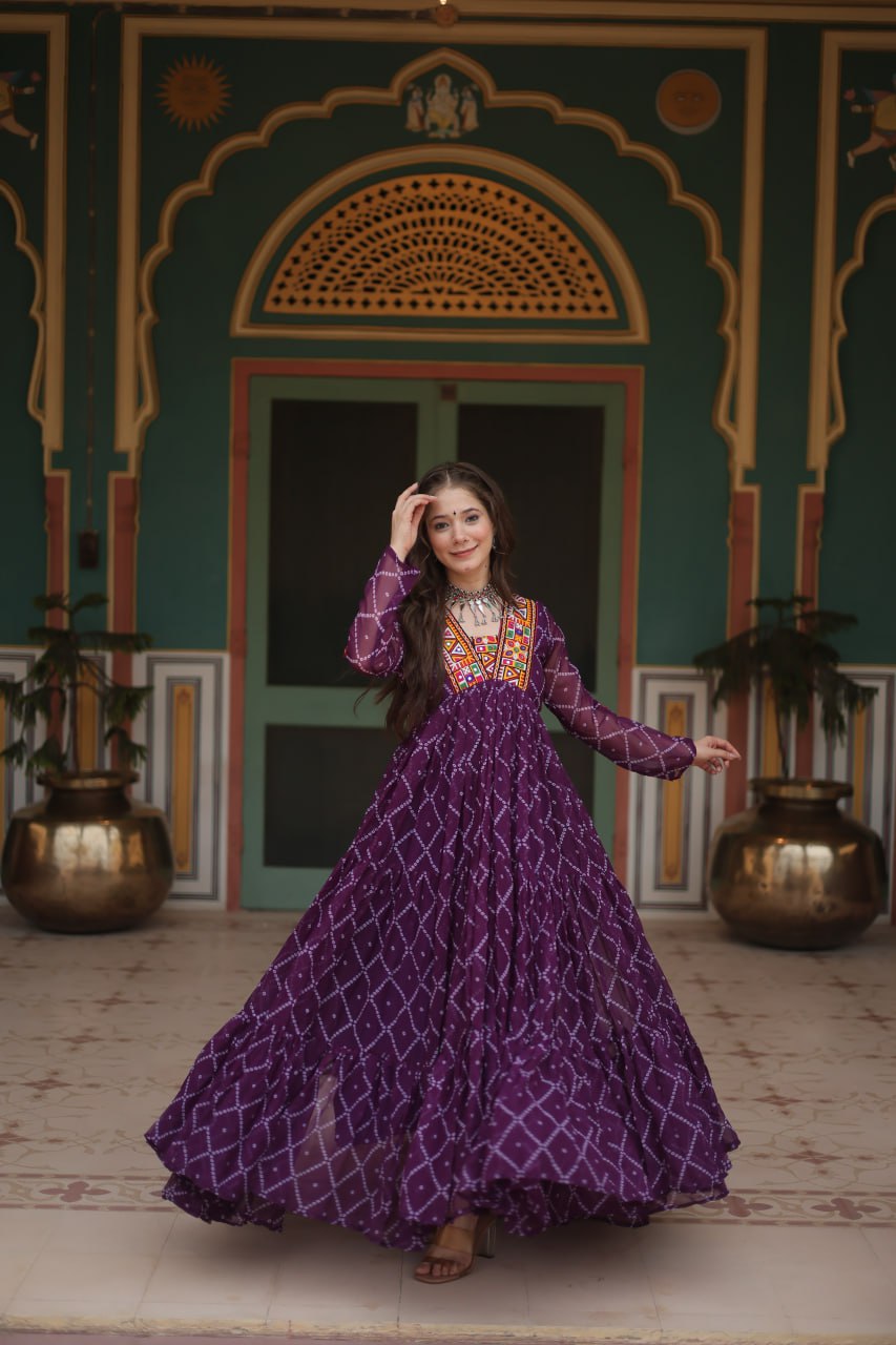 Purple Bandhani Print Faux Georgette Gown with Kutchi Patchwork