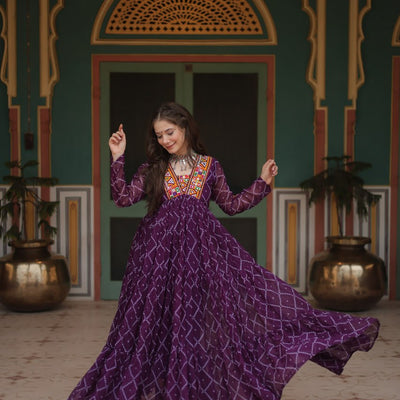 Purple Bandhani Print Faux Georgette Gown with Kutchi Patchwork