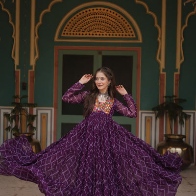 Purple Bandhani Print Faux Georgette Gown with Kutchi Patchwork
