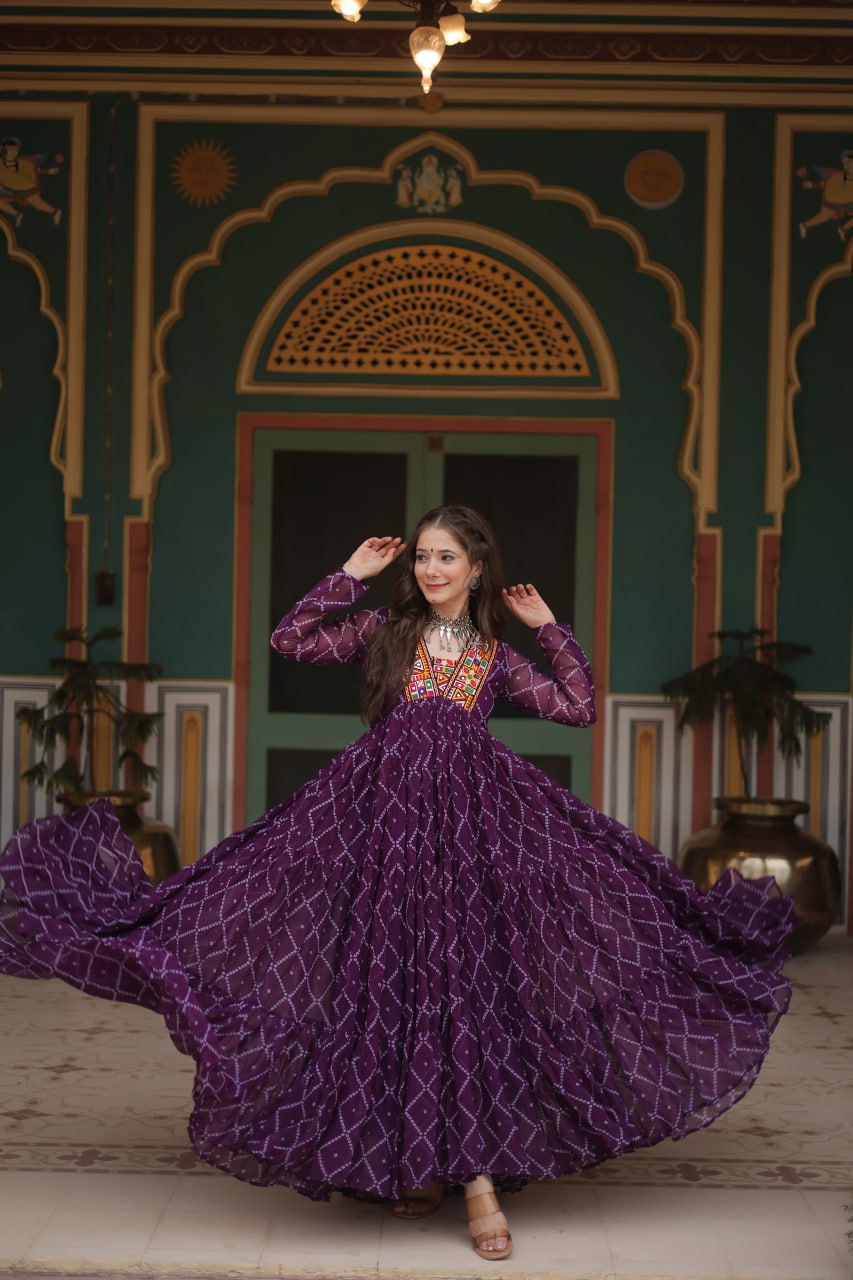 Purple Bandhani Print Faux Georgette Gown with Kutchi Patchwork