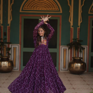 Purple Bandhani Print Faux Georgette Gown with Kutchi Patchwork