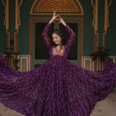 Purple Bandhani Print Faux Georgette Gown with Kutchi Patchwork