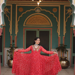 Red Bandhani Print Faux Georgette Gown with Kutchi Patchwork