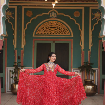 Red Bandhani Print Faux Georgette Gown with Kutchi Patchwork