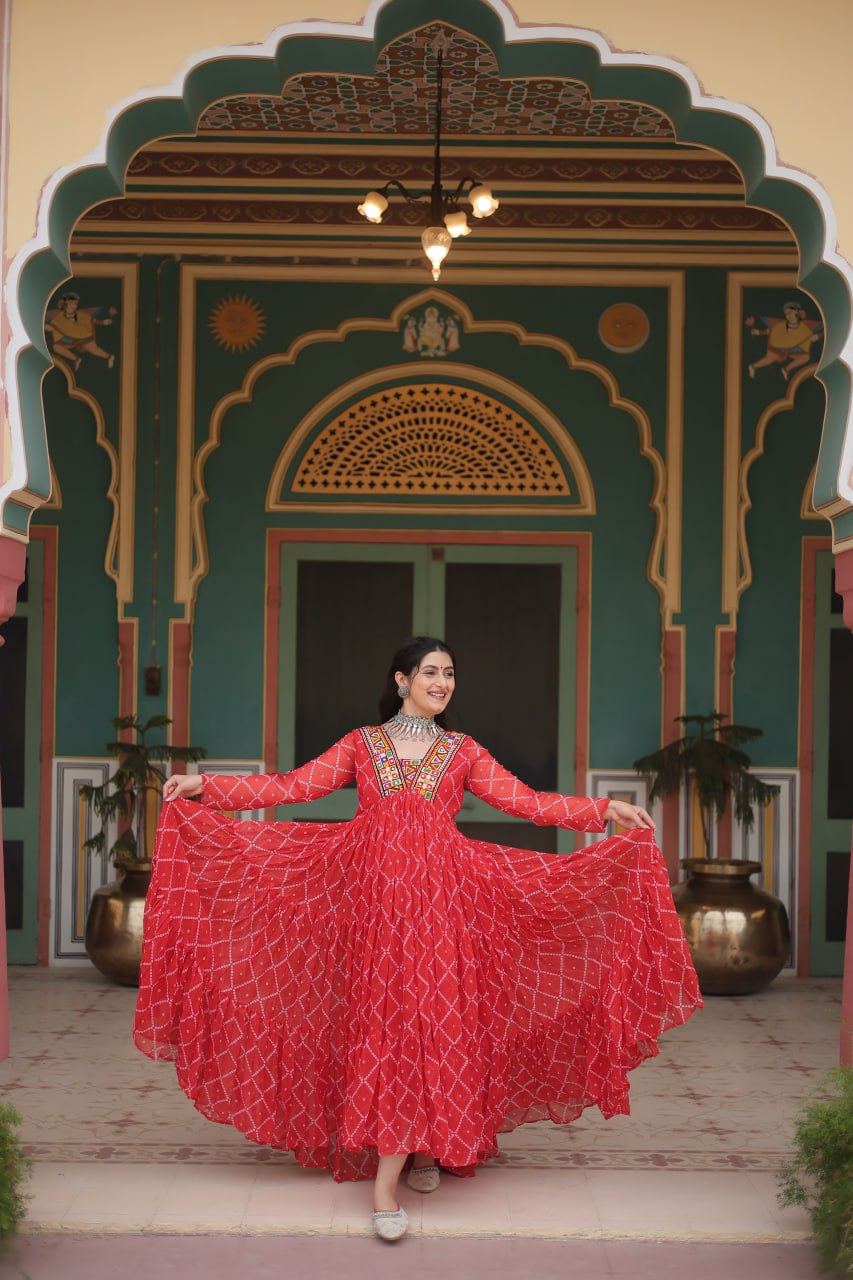 Red Bandhani Print Faux Georgette Gown with Kutchi Patchwork