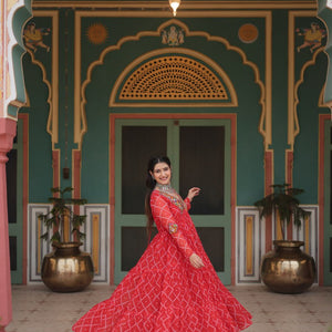 Red Bandhani Print Faux Georgette Gown with Kutchi Patchwork
