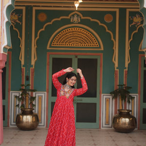 Red Bandhani Print Faux Georgette Gown with Kutchi Patchwork