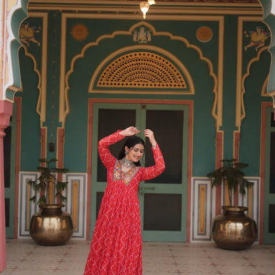Red Bandhani Print Faux Georgette Gown with Kutchi Patchwork