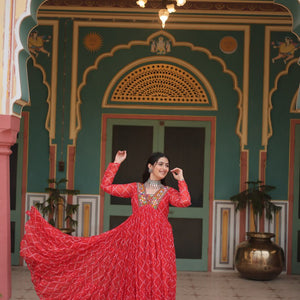 Red Bandhani Print Faux Georgette Gown with Kutchi Patchwork