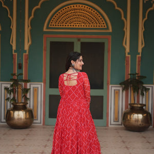 Red Bandhani Print Faux Georgette Gown with Kutchi Patchwork