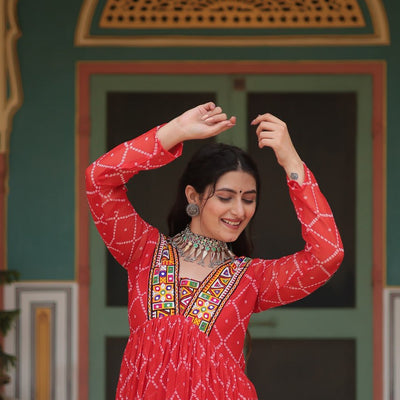Red Bandhani Print Faux Georgette Gown with Kutchi Patchwork