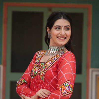 Red Bandhani Print Faux Georgette Gown with Kutchi Patchwork