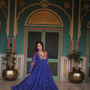 Blue Bandhani Print Faux Georgette Gown with Kutchi Patchwork