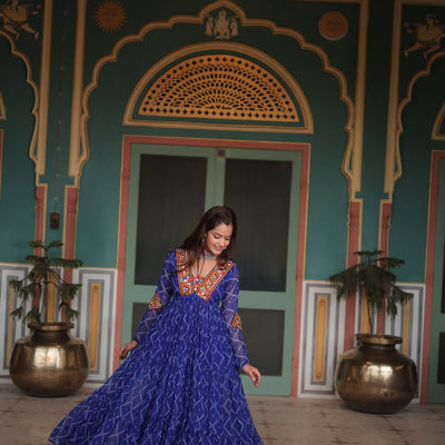 Blue Bandhani Print Faux Georgette Gown with Kutchi Patchwork