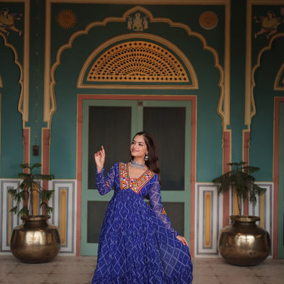 Blue Bandhani Print Faux Georgette Gown with Kutchi Patchwork