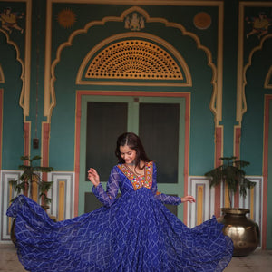 Blue Bandhani Print Faux Georgette Gown with Kutchi Patchwork