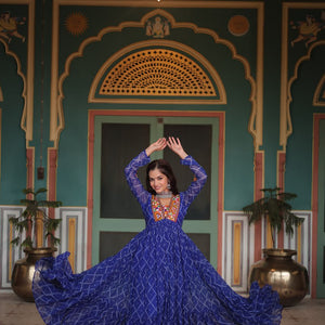 Blue Bandhani Print Faux Georgette Gown with Kutchi Patchwork