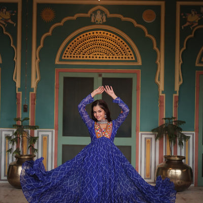 Blue Bandhani Print Faux Georgette Gown with Kutchi Patchwork