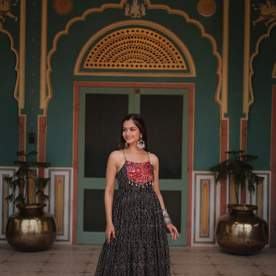 Black Bandhani Print Sleeveless Gown with Kutchi Patchwork