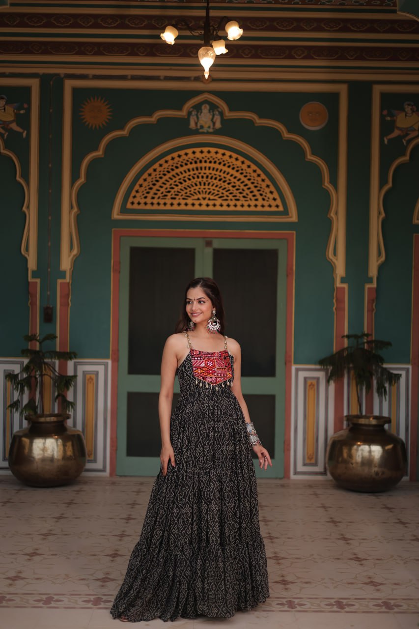 Black Bandhani Print Sleeveless Gown with Kutchi Patchwork