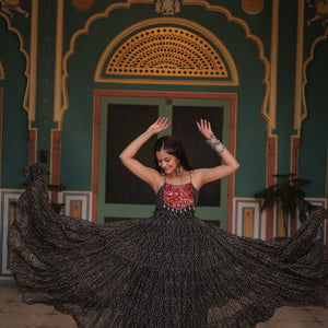 Black Bandhani Print Sleeveless Gown with Kutchi Patchwork
