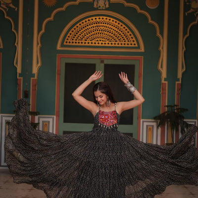 Black Bandhani Print Sleeveless Gown with Kutchi Patchwork