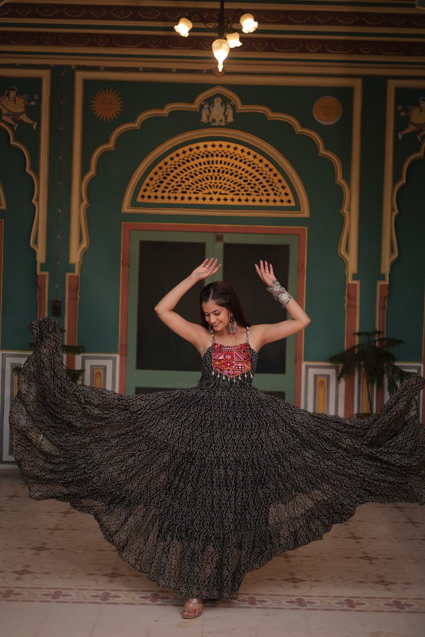 Black Bandhani Print Sleeveless Gown with Kutchi Patchwork