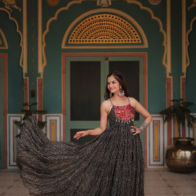 Black Bandhani Print Sleeveless Gown with Kutchi Patchwork