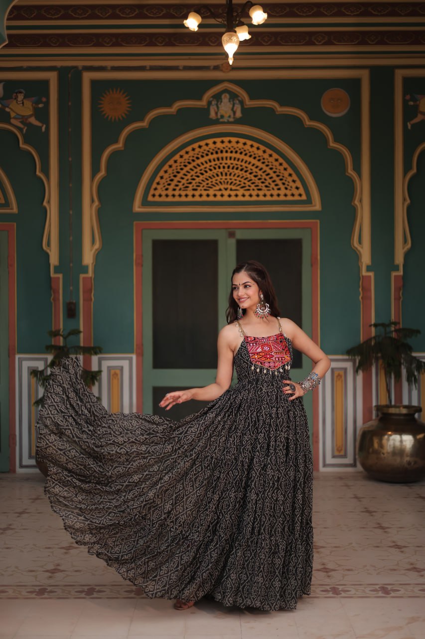 Black Bandhani Print Sleeveless Gown with Kutchi Patchwork