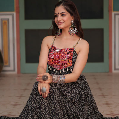 Black Bandhani Print Sleeveless Gown with Kutchi Patchwork