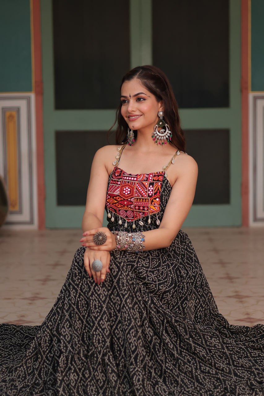 Black Bandhani Print Sleeveless Gown with Kutchi Patchwork
