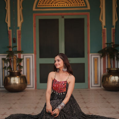 Black Bandhani Print Sleeveless Gown with Kutchi Patchwork