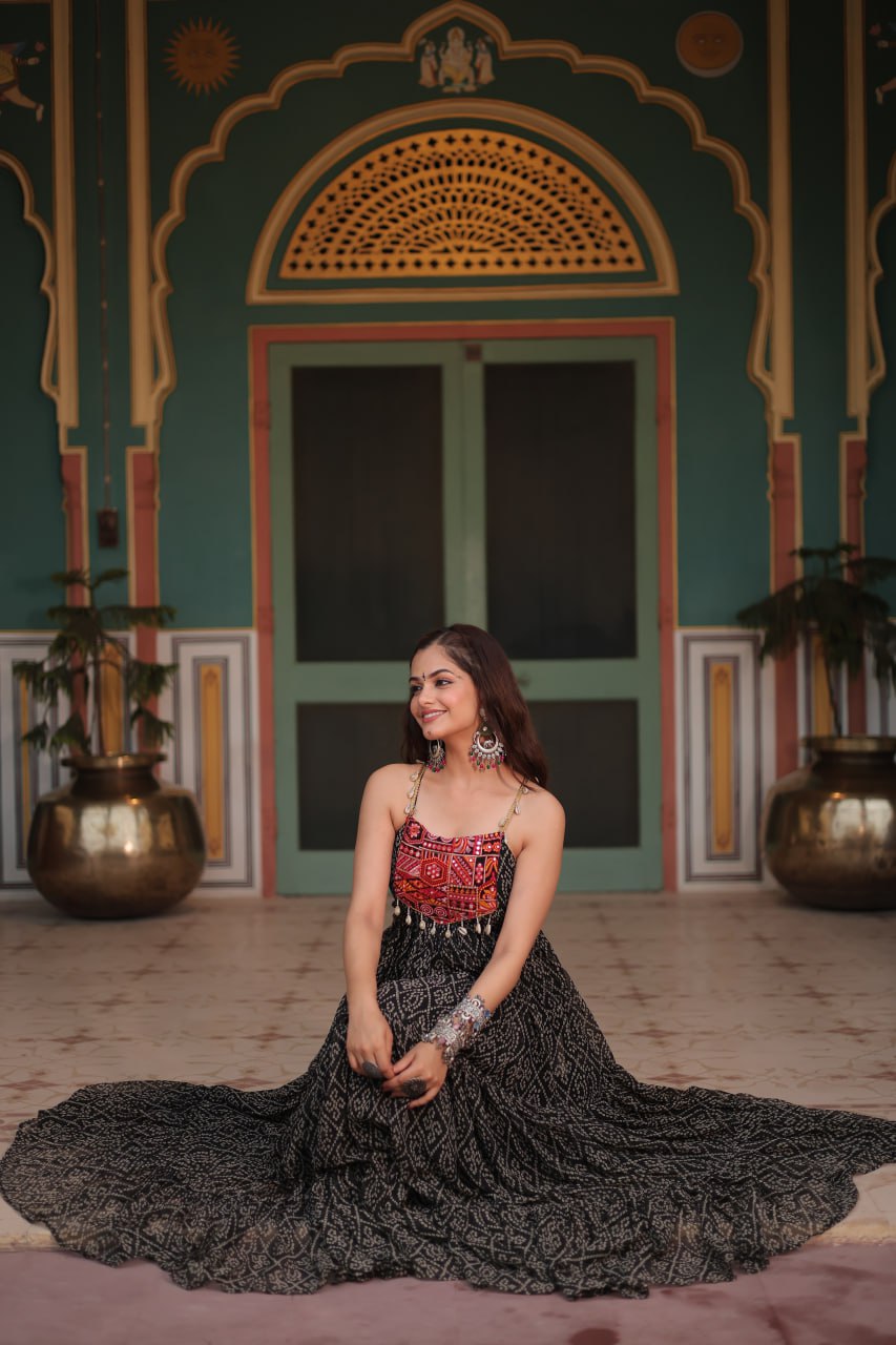 Black Bandhani Print Sleeveless Gown with Kutchi Patchwork