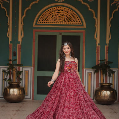 Maroon Bandhani Print Sleeveless Gown with Kutchi Patchwork