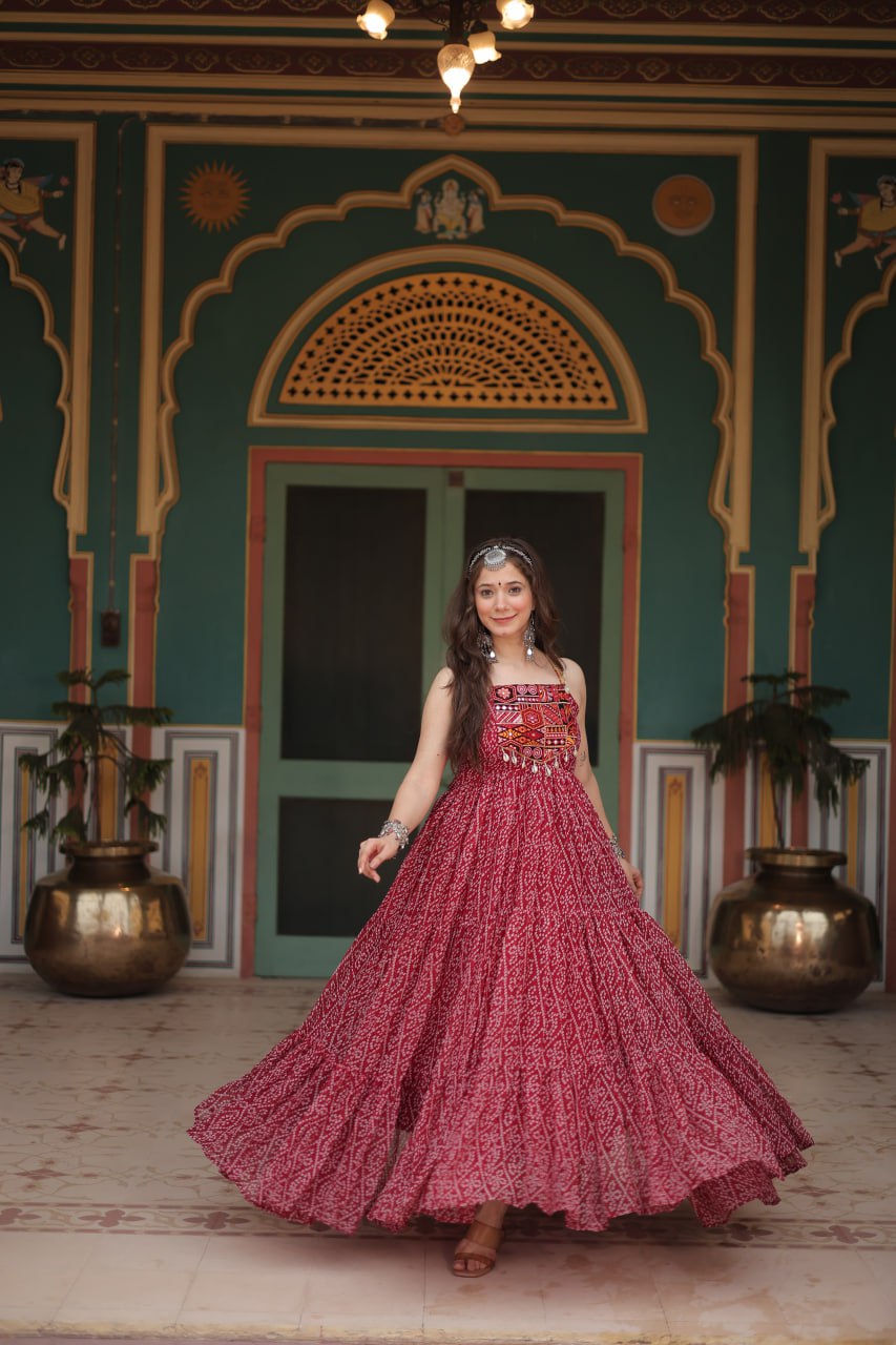 Maroon Bandhani Print Sleeveless Gown with Kutchi Patchwork