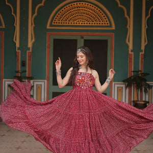 Maroon Bandhani Print Sleeveless Gown with Kutchi Patchwork
