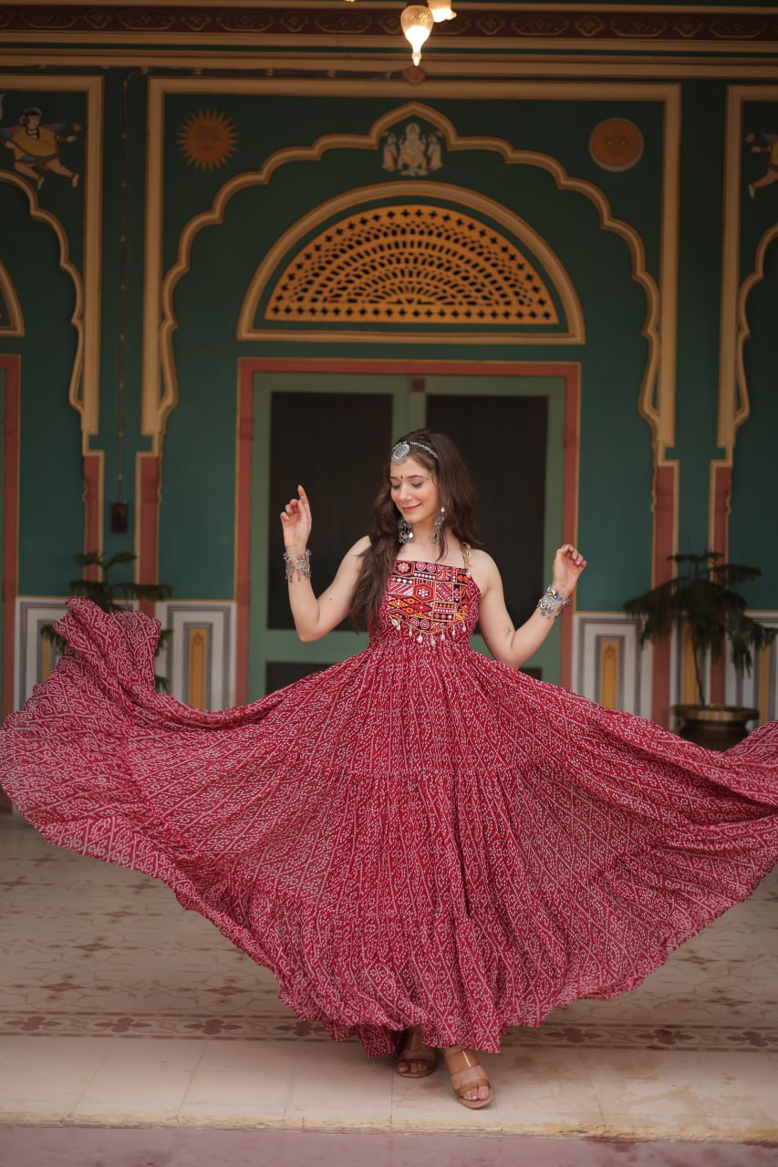 Maroon Bandhani Print Sleeveless Gown with Kutchi Patchwork