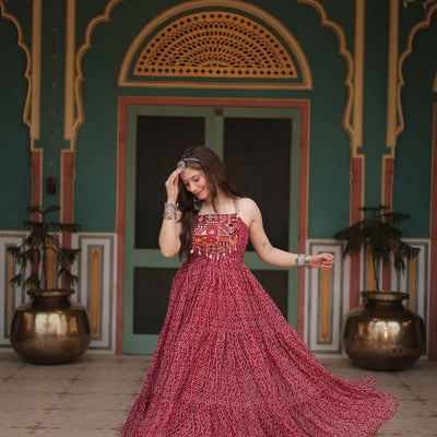 Maroon Bandhani Print Sleeveless Gown with Kutchi Patchwork